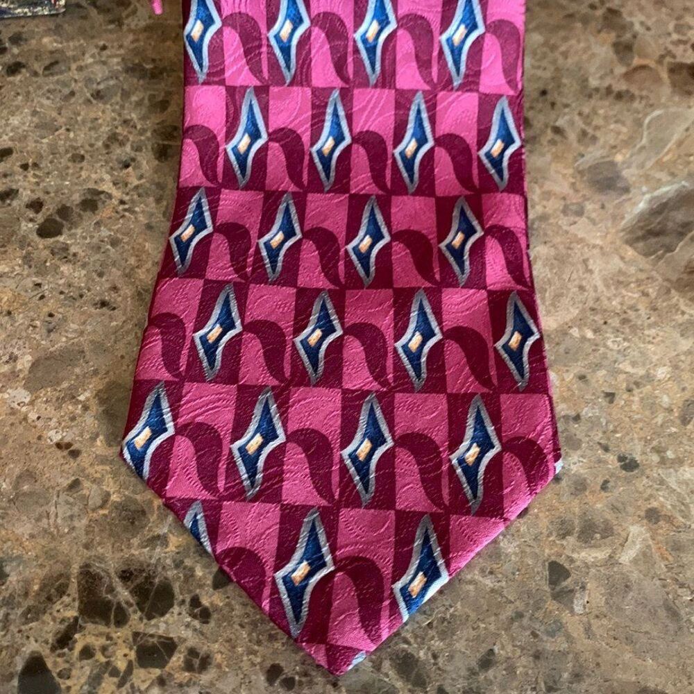 Ferrell Reed 100% Silk Tie Handmade Tie Pink, Maroon, Silver, Blue & Gold